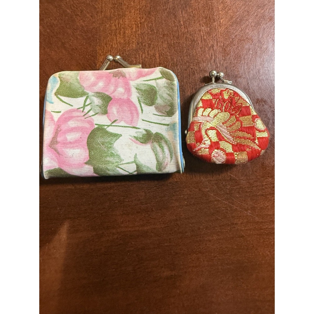 Vintage Japanese Silk Brocade Coin Purse Kiss Lock Souvenir 1950s Red Gold